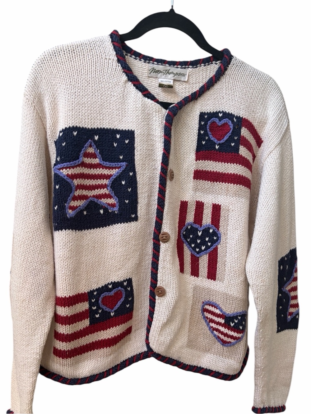Norm Thompson vintage patriotic cardigan sweater American flag patchwork medium
